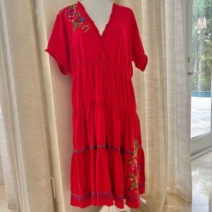 Johnny Was Dress JW Los Angeles Joy ❤️ Light Red Embroidered Tiered V-Neck 1X